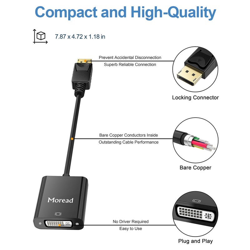 Moread DisplayPort (DP) to DVI Adapter, Gold-Plated Display Port to DVI-D Adapter (Male to Female) Compatible with Computer, Desktop, Laptop, PC, Monitor, Projector, HDTV - Black - Image 3
